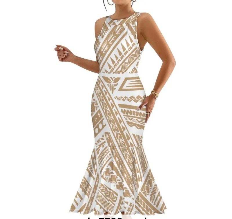 White and Tan Long Fishtail Dress