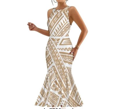 White and Tan Long Fishtail Dress