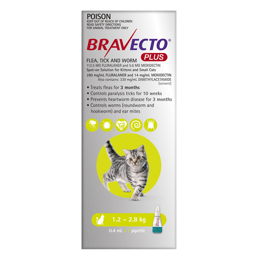Bravecto Plus Feline- Spot On Bravecto Plus Feline- Spot On, Cat Weight: 1.2-2.8kg (Green), Pack: Single Pack
