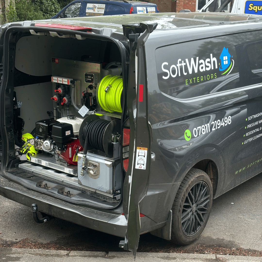 Van mounted softwash system for mobile roof and exterior cleaning across Birmingham and Solihull UK.