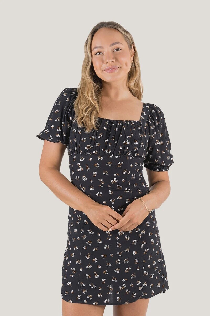 WDR - LUCY WOMENS PUFF SLEEVE DRESS - FLORAL BLACK, Size: 6