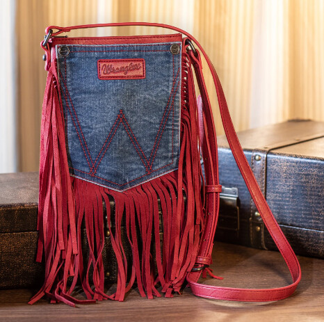 BGS - Wrangler Leather Fringe Jean Denim Pocket Crossbody - Red