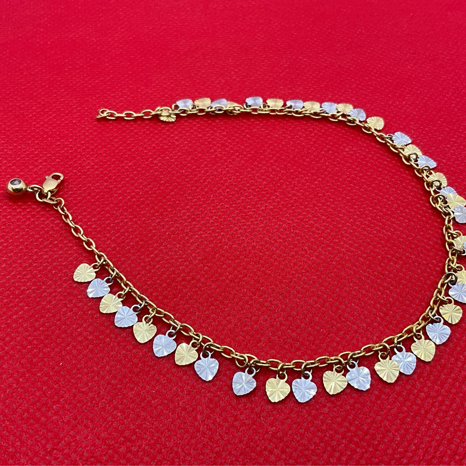 Fusskette für Damen mit Herz weiss und gelbgold 14 Karat Läng 25 cm 