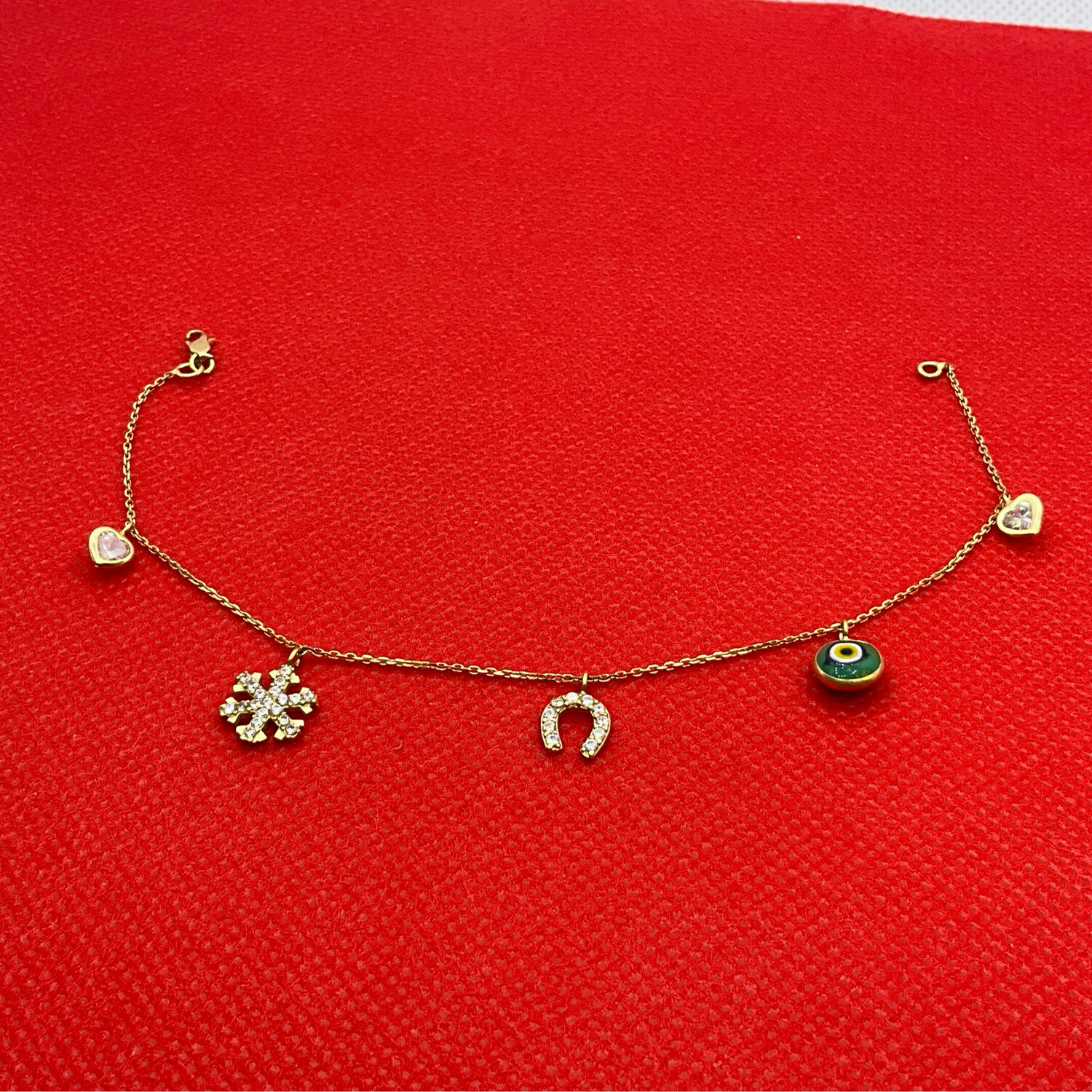 Fusskette mit grüne Augen und Herz 14K GOLD Läng 19 cm 