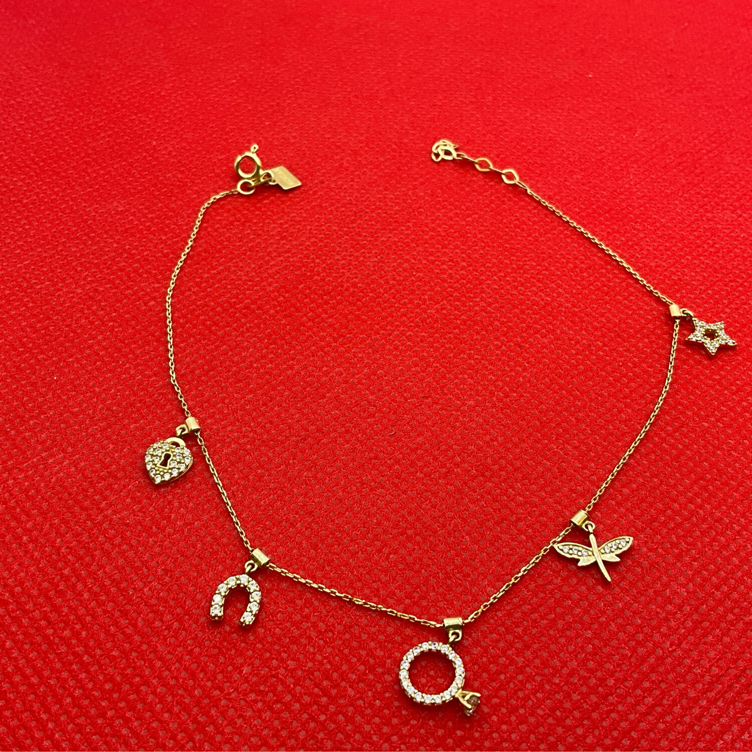 Fusskette mit 5 verschiedenen Anhänger 14K Gold Läng 25 cm