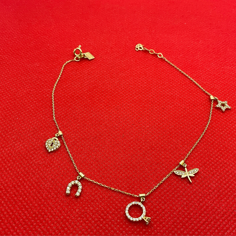 Fusskette mit 5 verschiedenen Anhänger 14K Gold Läng 25 cm