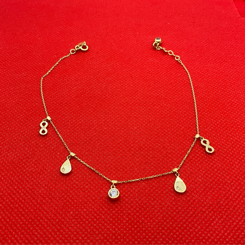 Fusskette mit fünf verschiedenen Anhänger 14K GOLD Läng 25.5 cm 