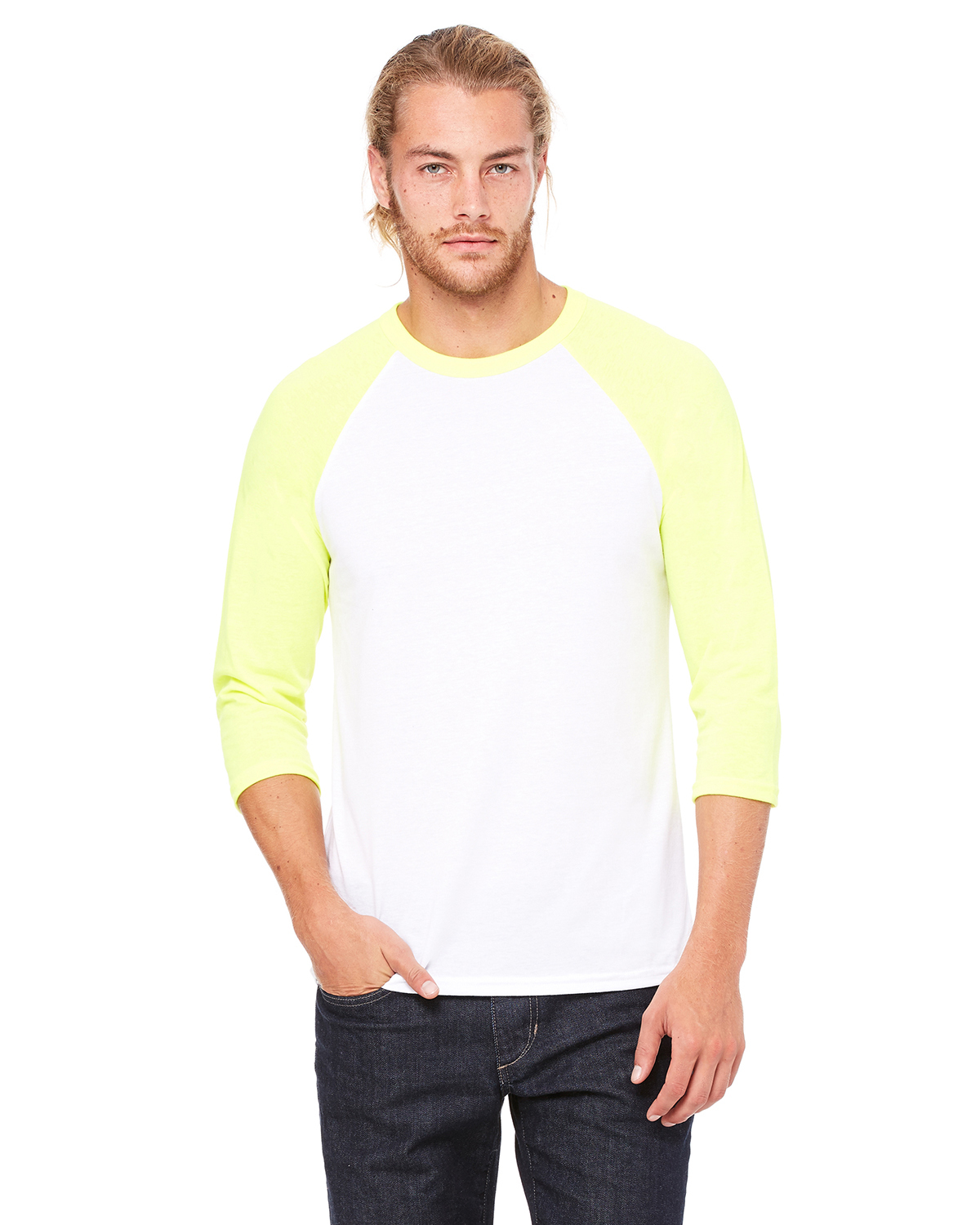 3200 Bella + Canvas Unisex 3/4-Sleeve Baseball T-Shirt, TShirt Color: white/ neon yellow