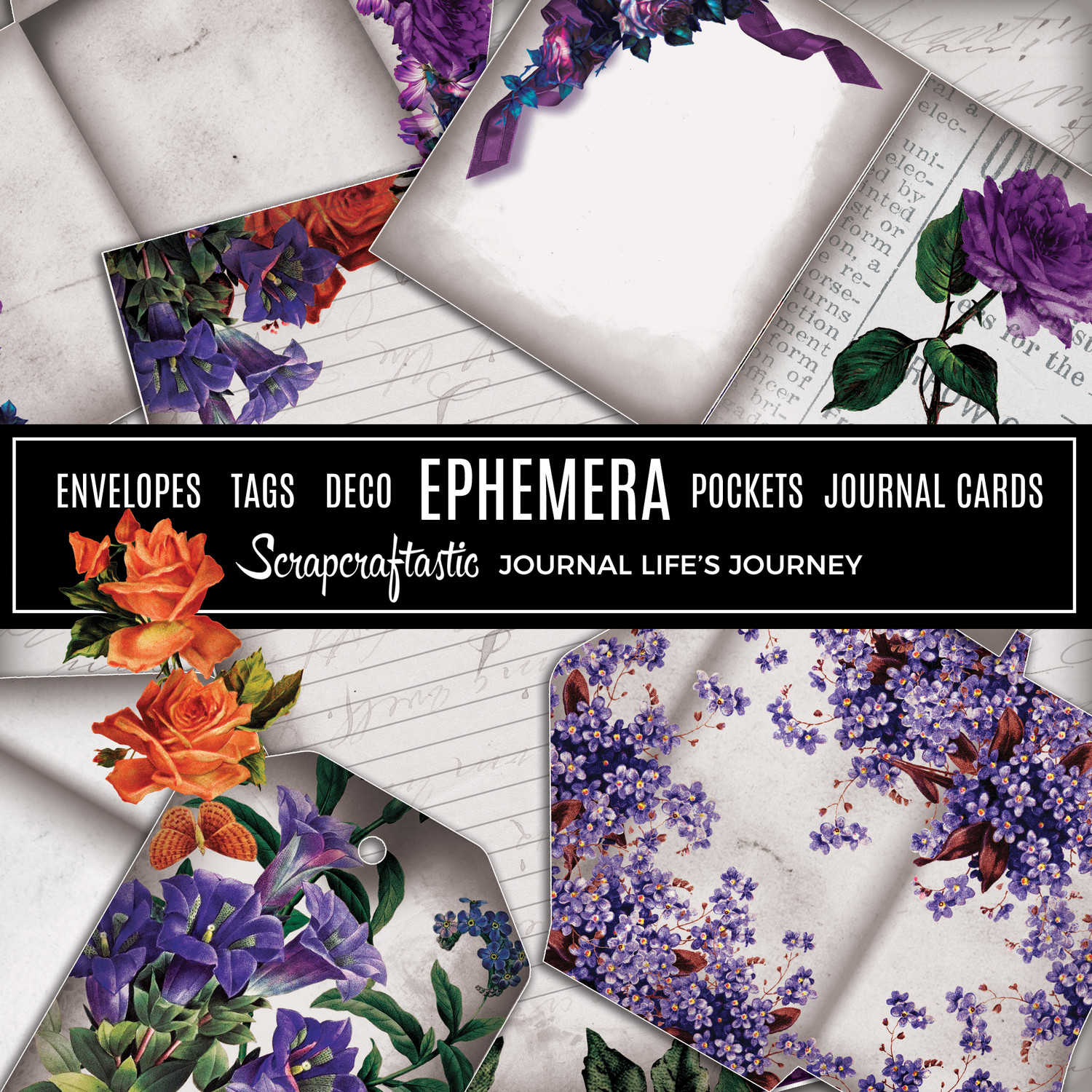 Serene Floral Vintage Digital Printable Journal Ephemera, Envelopes, Tags, Deco, Pockets, Journal Cards