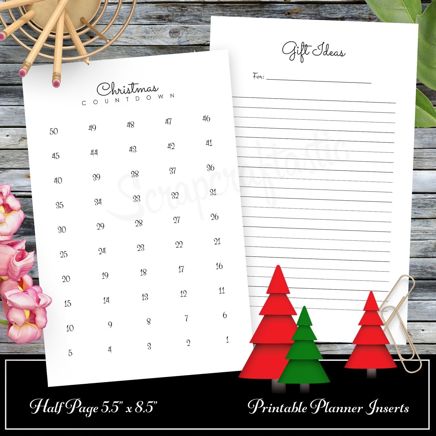 Christmas Countdown and Gift Ideas A5 Traveler's Notebook Inserts