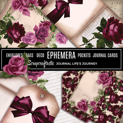 Deep Floral Vintage Digital Printable Journal Ephemera, Envelopes, Tags, Deco, Pockets, Journal Cards