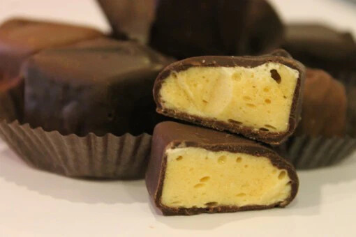 angel food chocolate cut in half