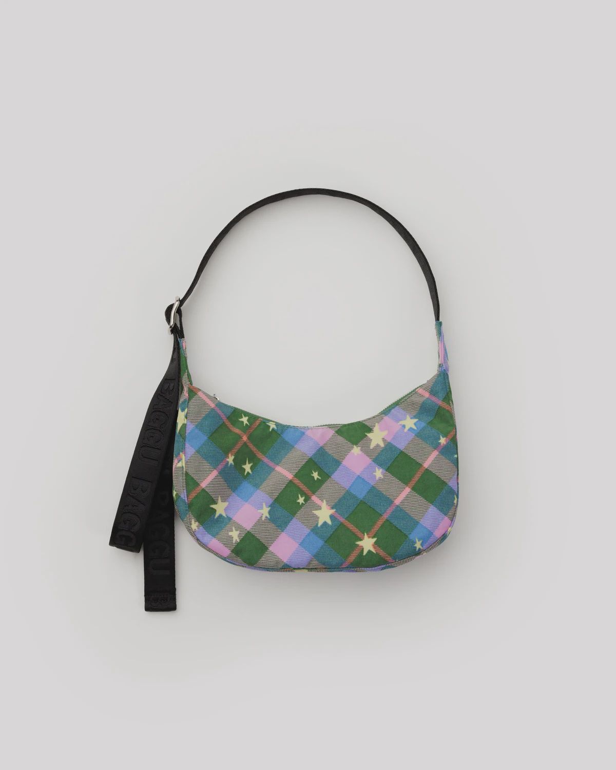 Small Nylon Crescent Bag, Style: Green Star Plaid