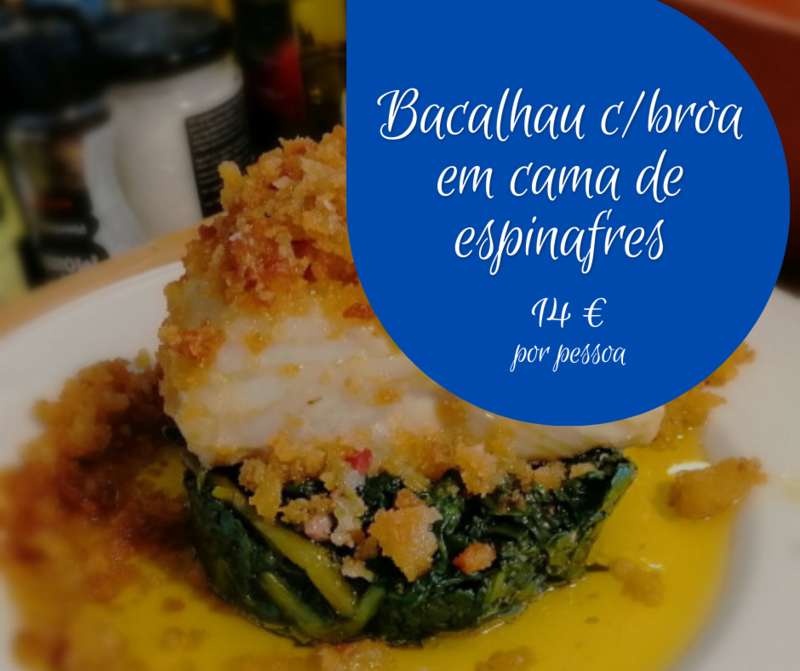 Bacalhau com broa em cama de espinafres