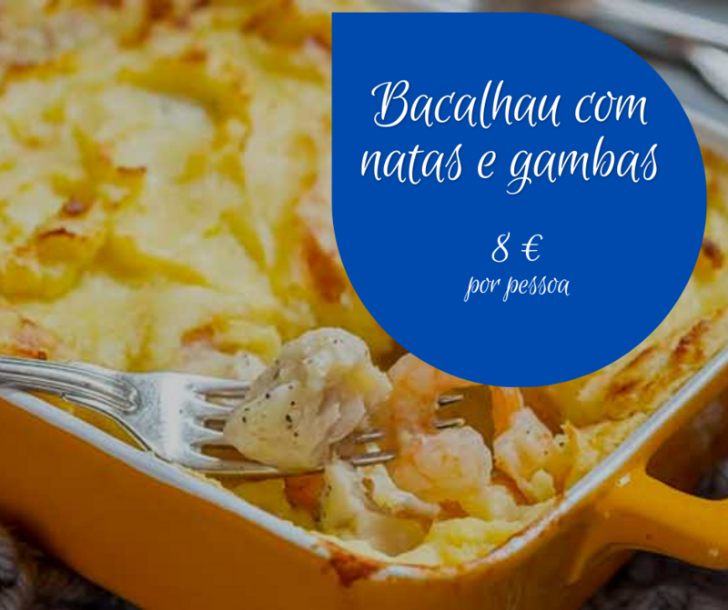 Bacalhau com natas e gambas c/queijo ralado