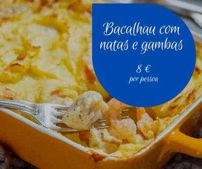 Bacalhau com natas e gambas c/queijo ralado