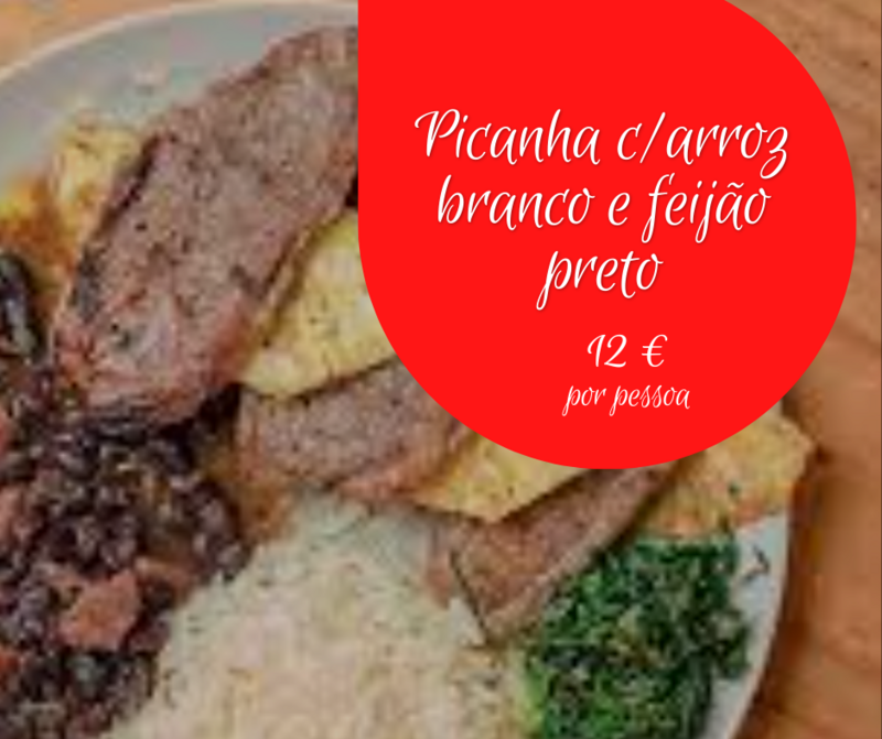 Picanha com arroz branco, feijão preto e ananás