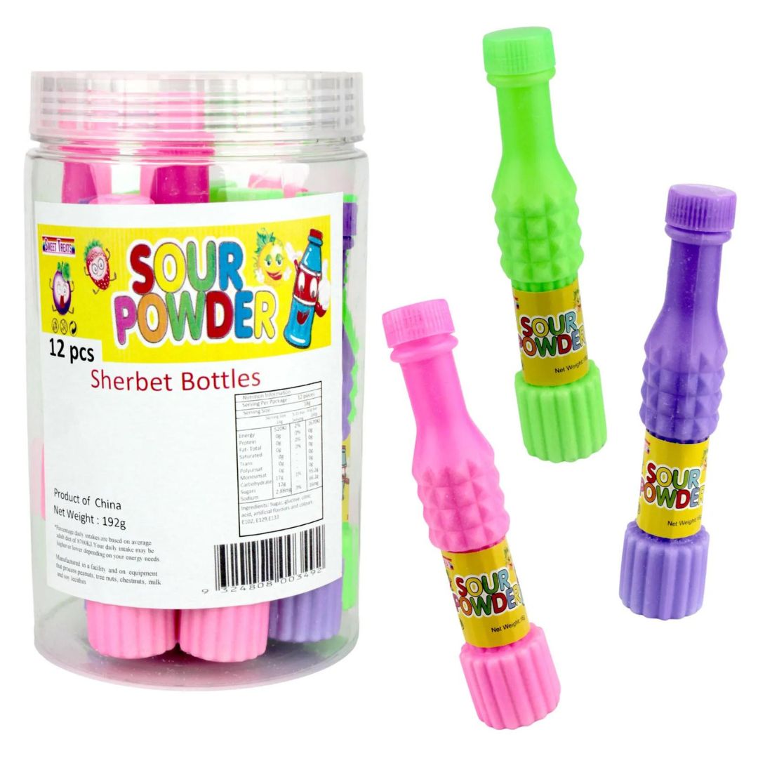 Sour Sherbet Bottles (Sweet Treats), Size: 12pc tub