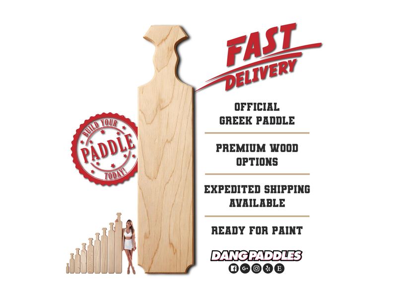 Fast-delivery graphic for a 3ft unfinished traditional Greek paddle with premium wood and expedited shipping options.