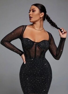 Hatty Diamond Corset Bodycon Dress - Black