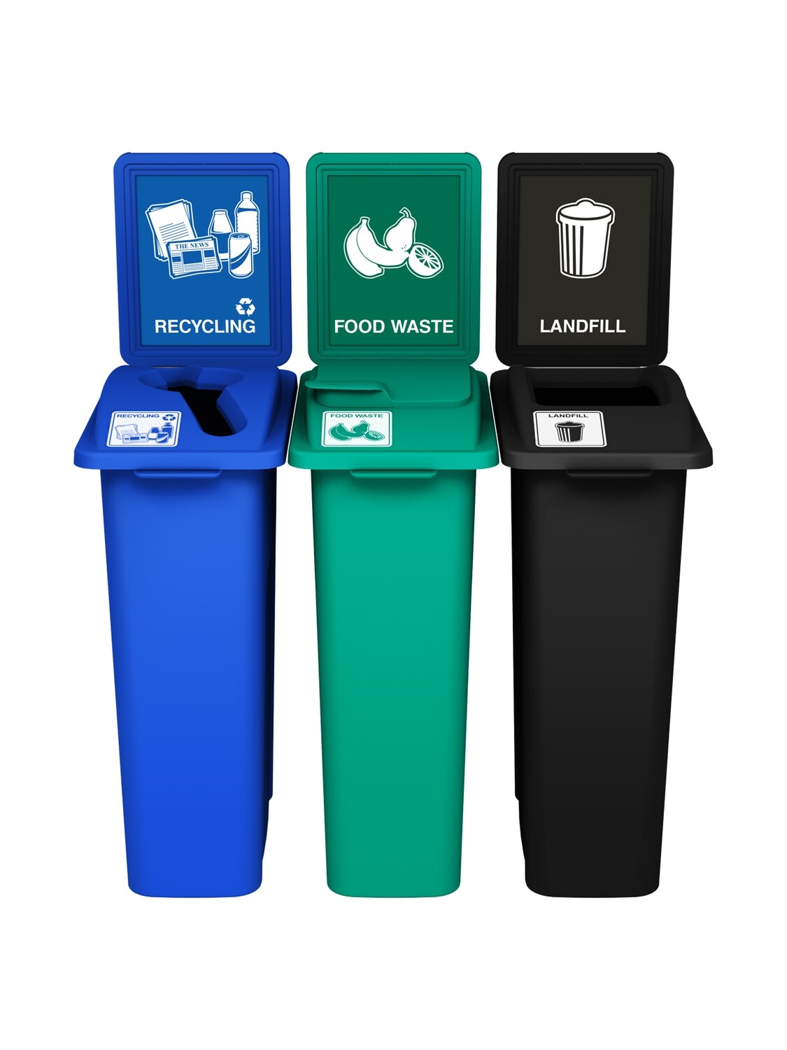 Waste Watcher® Series - 20G - Triple - Blue/Green/Black - Mixed/Vented Lift/Full - Recycling/Food Waste/Landfill