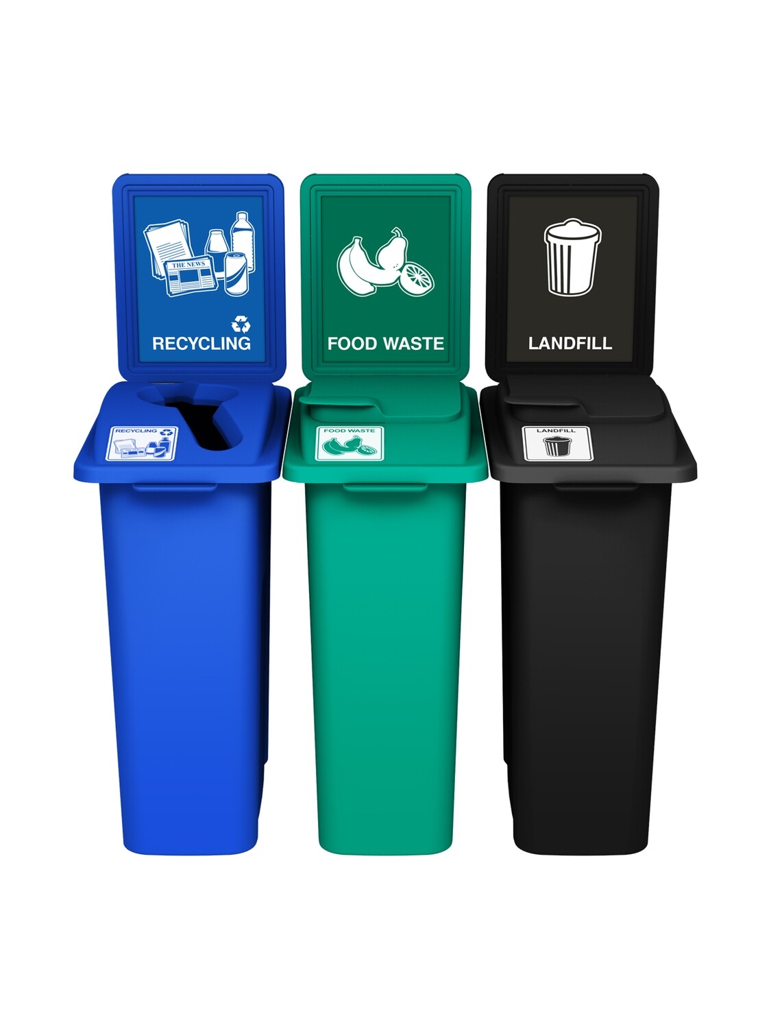 Waste Watcher® Series - 16G - Triple - Blue/Green/Black - Mixed/Vented Lift/Vented Lift - Recycling/Food Waste/Landfill