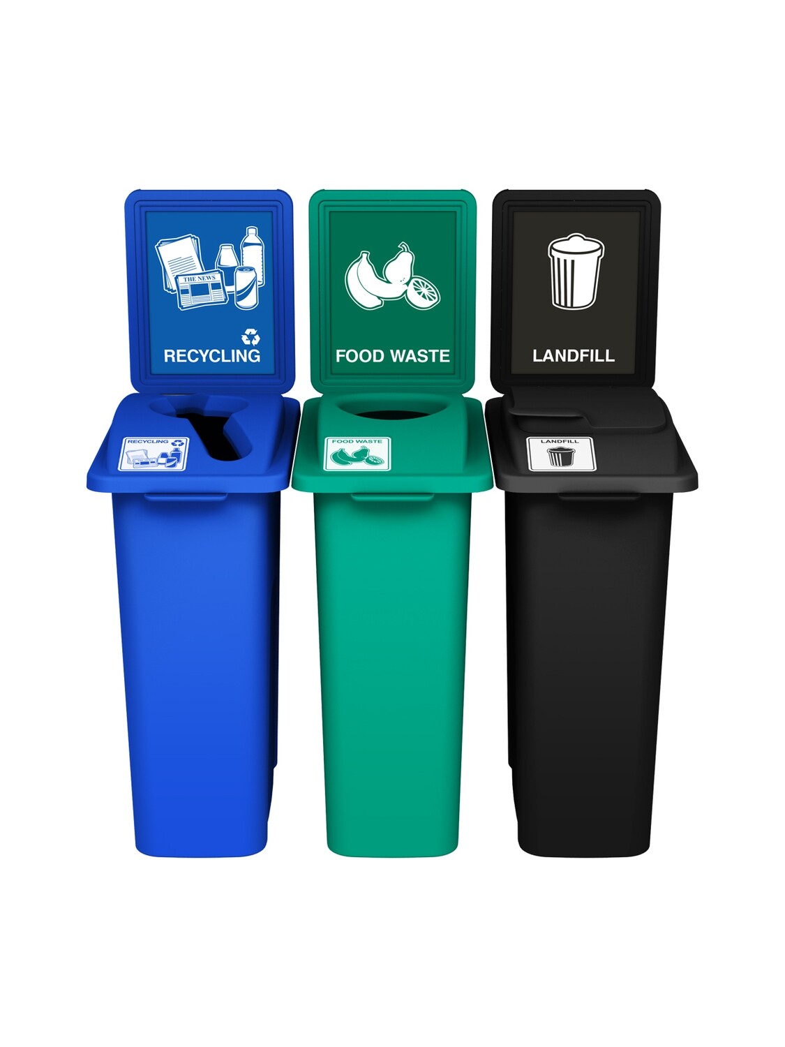 Waste Watcher® Series - 16G - Triple - Blue/Green/Black - Mixed/Circle/Vented Lift - Recycling/Food Waste/Landfill