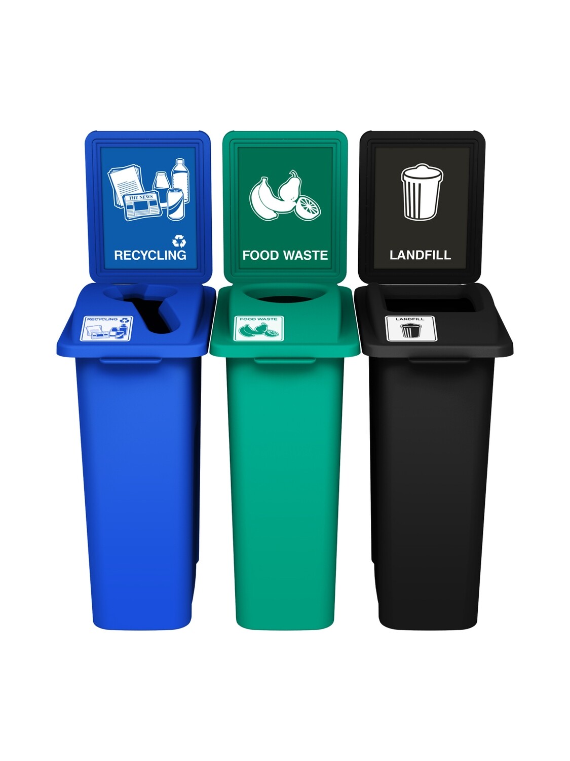 Waste Watcher® Series - 16G - Triple - Blue/Green/Black - Mixed/Circle/Full - Recycling/Food Waste/Landfill