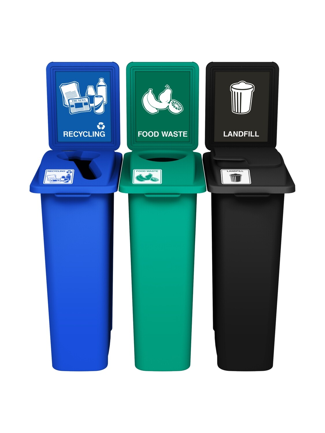 Waste Watcher® Series - 20G - Triple - Blue/Green/Black - Mixed/Circle/Vented Lift - Recycling/Food Waste/Landfill