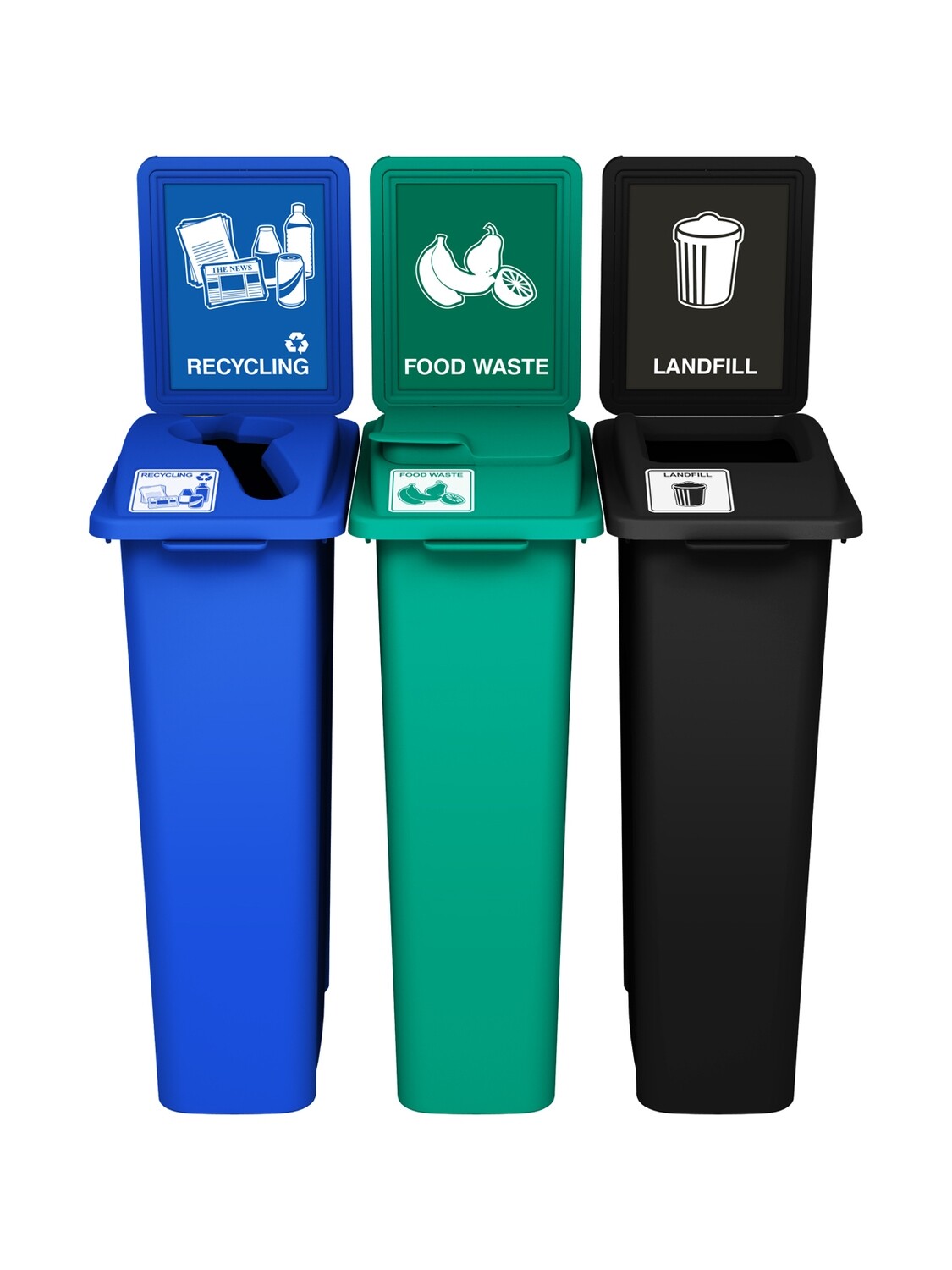 Waste Watcher® Series - 23G - Triple - Blue/Green/Black - Mixed/Vented Lift/Full - Recycling/Food Waste/Landfill