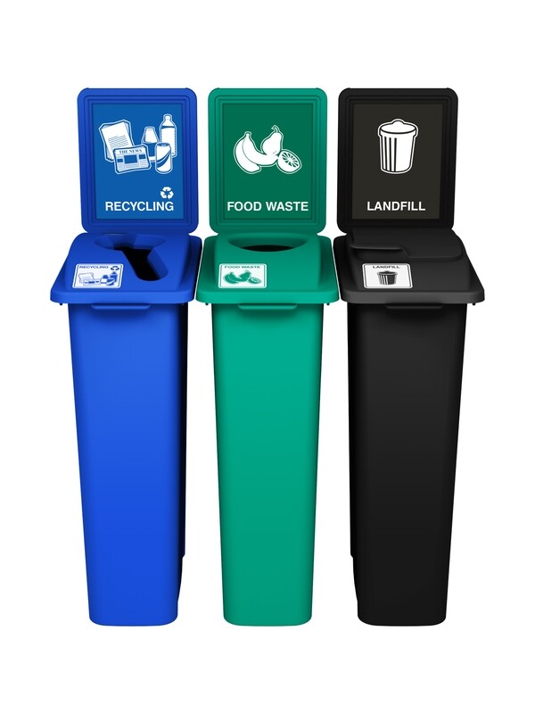 Waste Watcher® Series - 23G - Triple - Blue/Green/Black - Mixed/Circle/Vented Lift - Recycling/Food Waste/Landfill