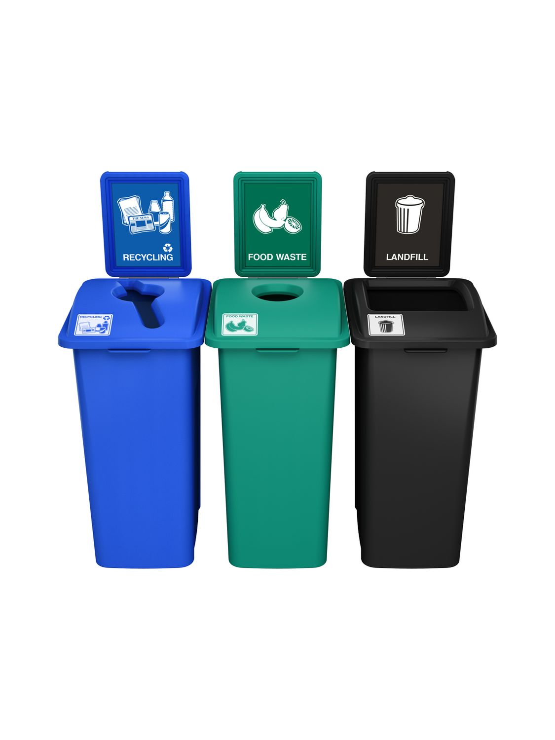 Waste Watcher® XL Series - 32G - Triple - Blue/Green/Black - Mixed/Circle/Full - Recycling/Food Waste/Landfill