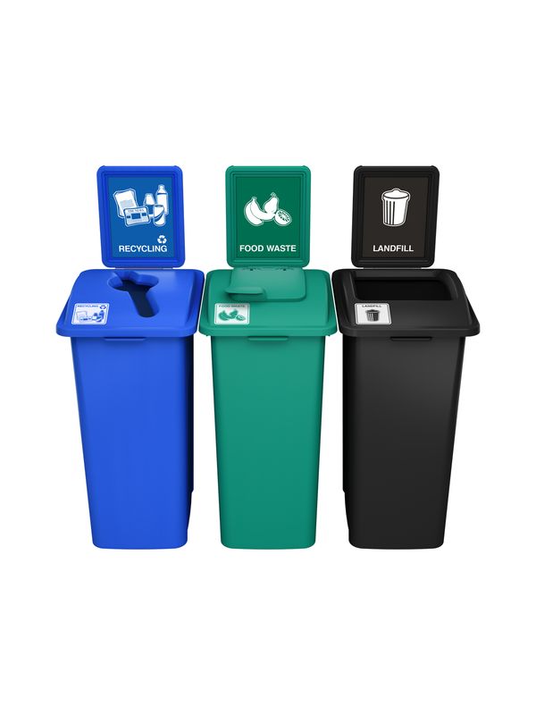 Waste Watcher® XL Series - 32G - Triple - Blue/Green/Black - Mixed/Vented Lift/Full - Recycling/Food Waste/Landfill