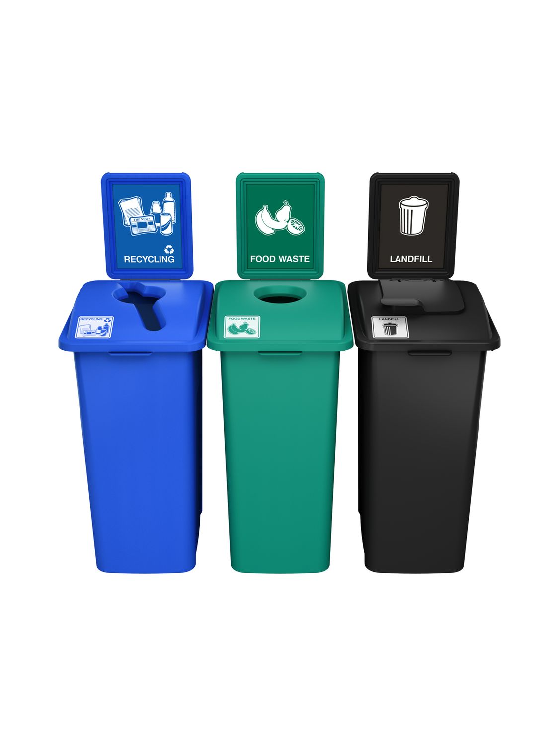 Waste Watcher® XL Series - 32G - Triple - Blue/Green/Black - Mixed/Circle/Vented Lift - Recycling/Food Waste/Landfill