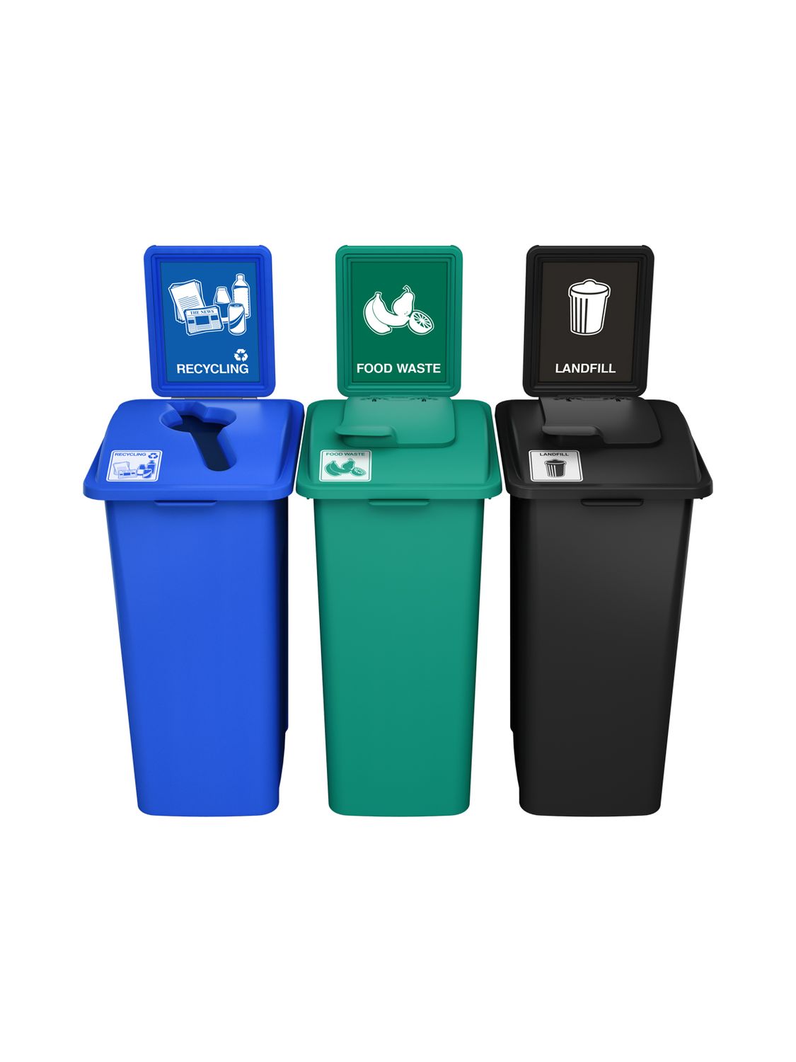 Waste Watcher® XL Series - 32G - Triple - Blue/Green/Black - Mixed/Vented Lift/Vented Lift - Recycling/Food Waste/Landfill