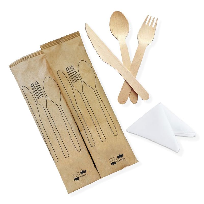 WOODEN CUTLERY SET (FORK, KNIFE AND DINNER NAPKIN) 500 SETS/ BOX
