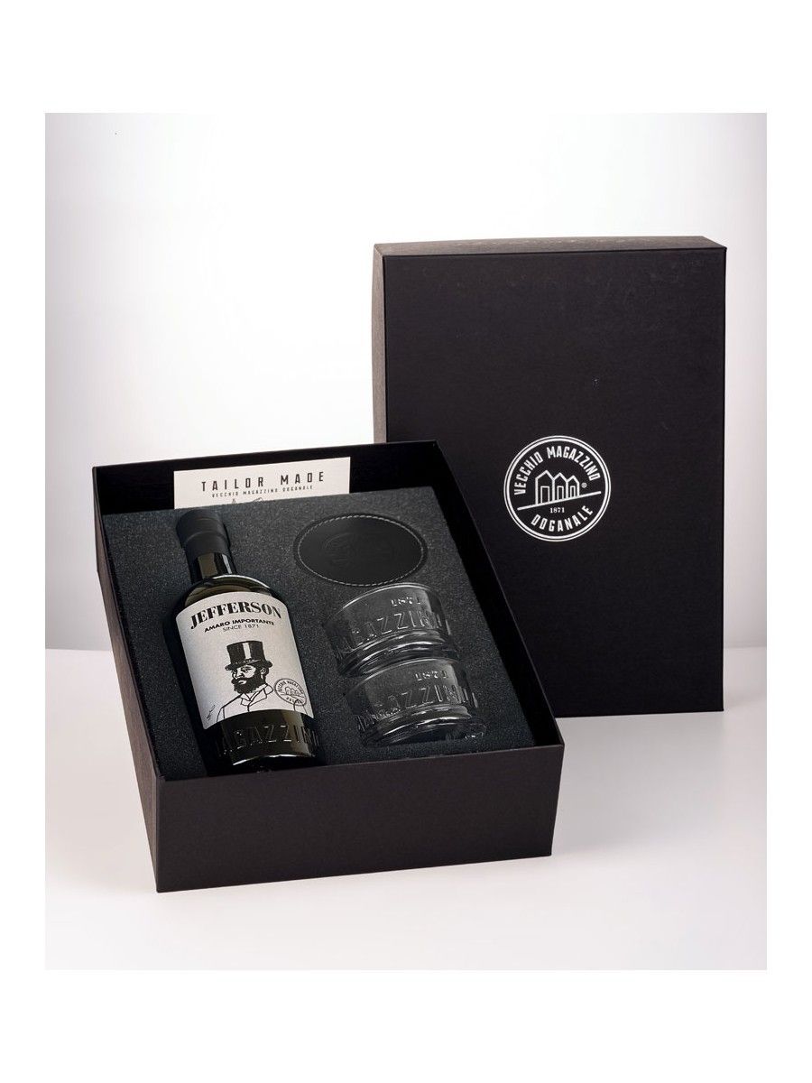 Confezione Amaro Jefferson Importante Cl.70 30% Vol. + 2 Bicchieri + 2 Sottobicchieri