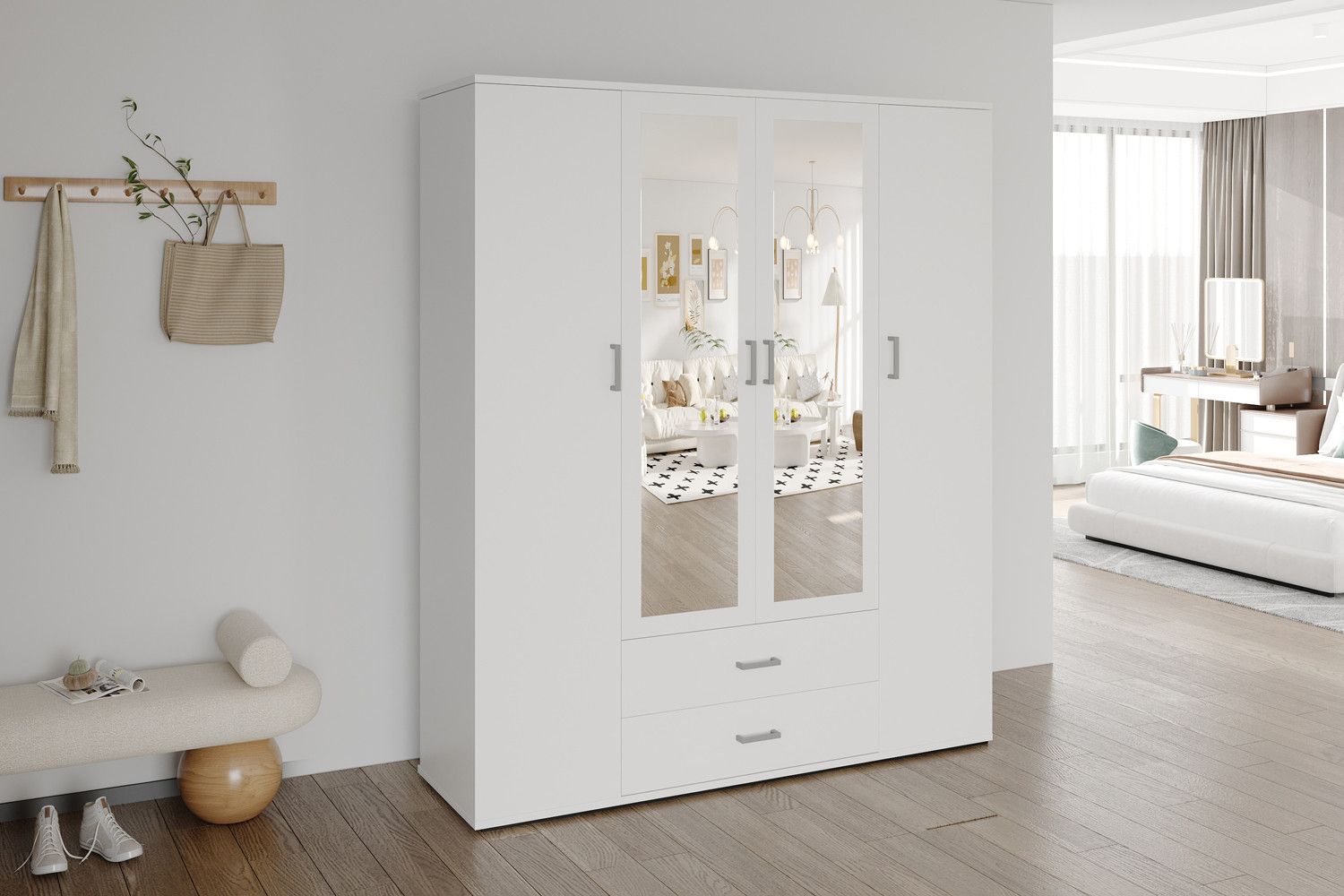 Kledingkast Marc 4 Deuren met 2 Spiegels Wit
