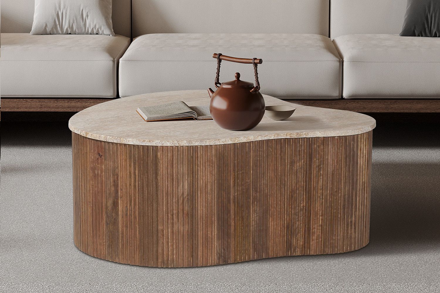 Salontafel Paul 83cm Mango Hout met Travetin Beige