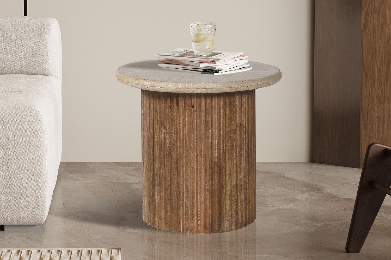 Bijzettafel Louis 50cm Mango Hout met Travertin Beige