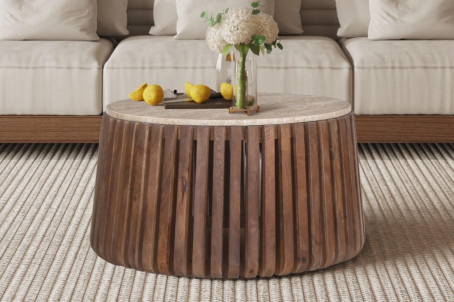 Salontafel Luuk 70cm Rond Mango Hout met Travertin Beige