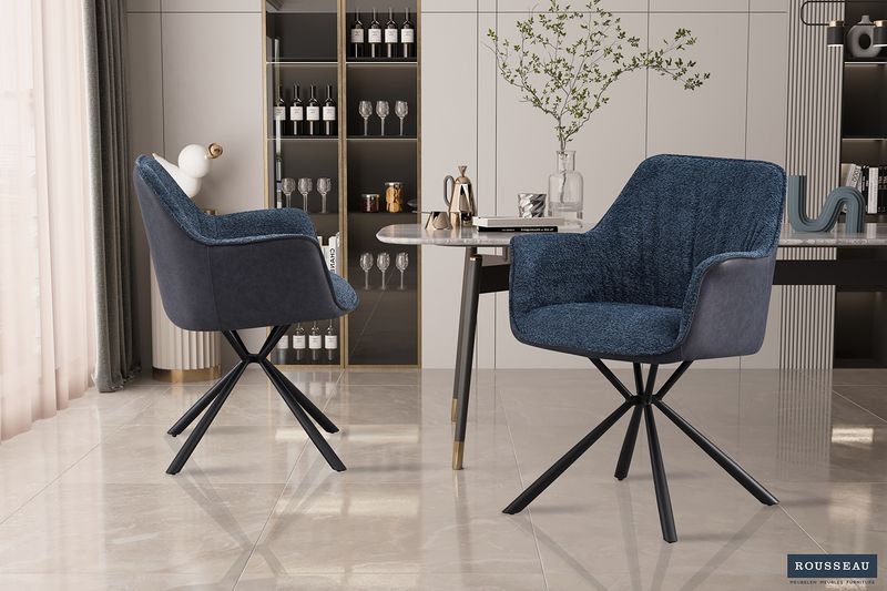 Stoel Lucie Bouclé Blauw - Rug PU Blauw - Set van 2