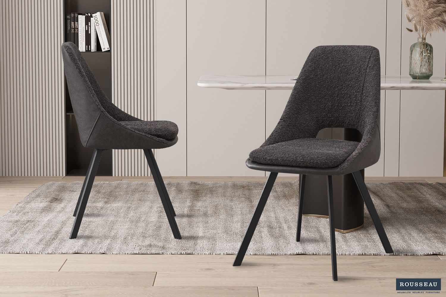 Stoel Filou Bouclé Grijs - Rug PU Lichtgrijs - Set van 2