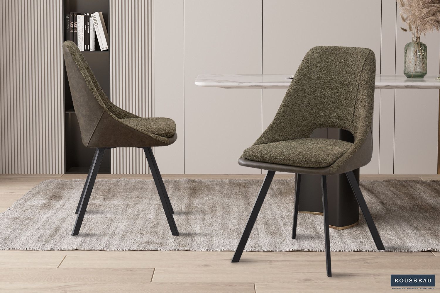 Stoel Filou Bouclé Groen - Rug PU Donkergroen - Set van 2