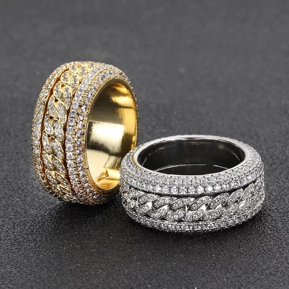 Micro pavé prong setting Vvs simulated "rotatable cuban link" ring