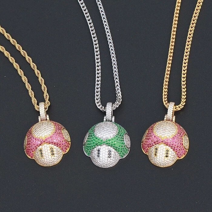 Micro pavé prong setting Vvs sinulated "Mushroom" Pendant and rope chain
