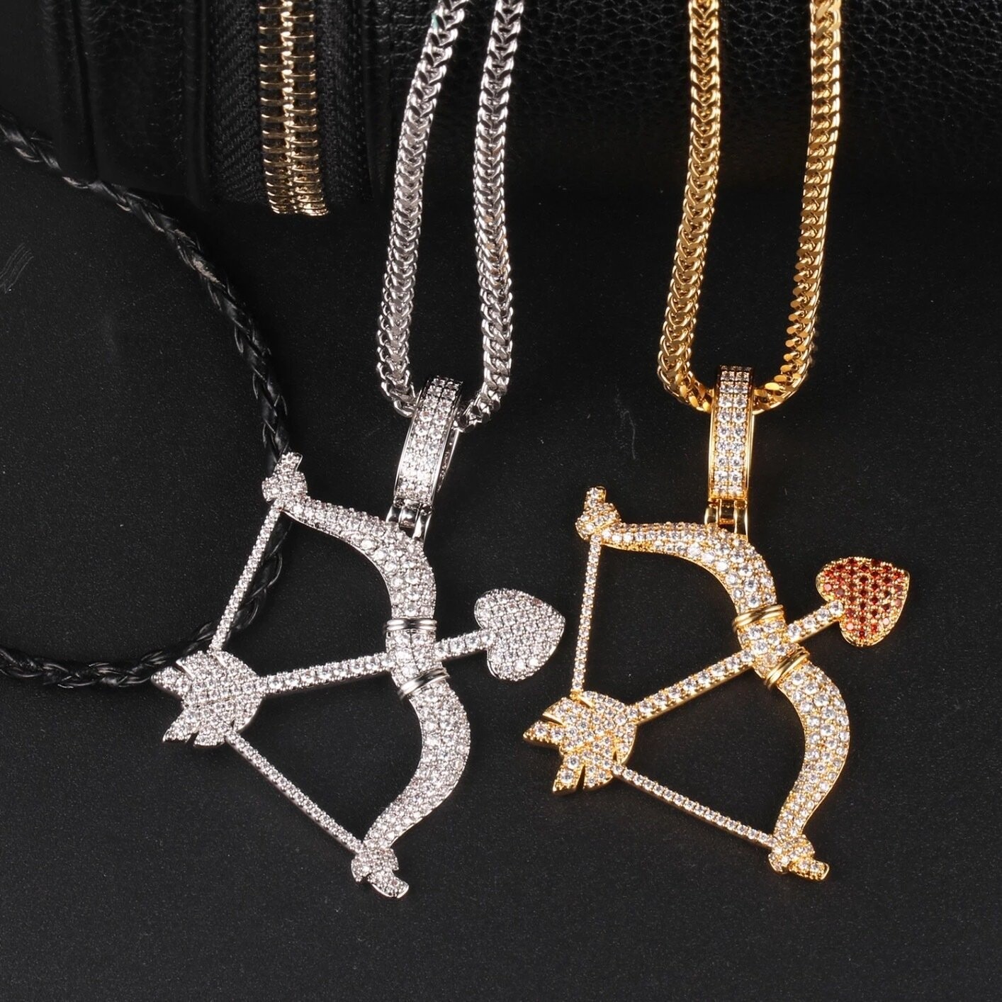 Micro pavé prong setting Vvs simulated "Cupid's bow and arrow" Pendant(and rope chain)
