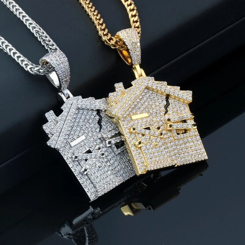 Micro pavé prong setting Vvs simulated "Trap house" pendant( and rope chain)