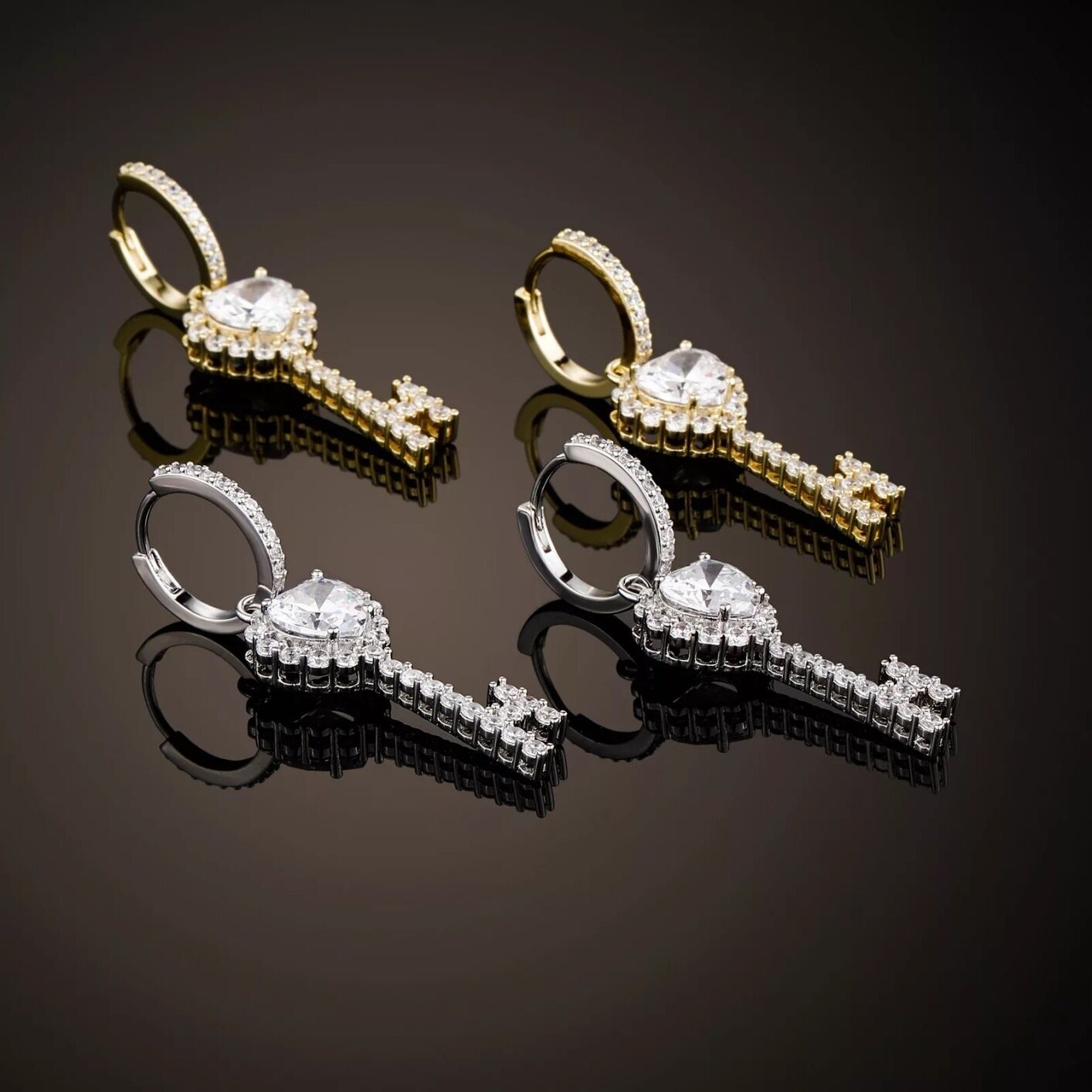 Micro pavé prong setting Vvs simulated "key of Hearts" earrings