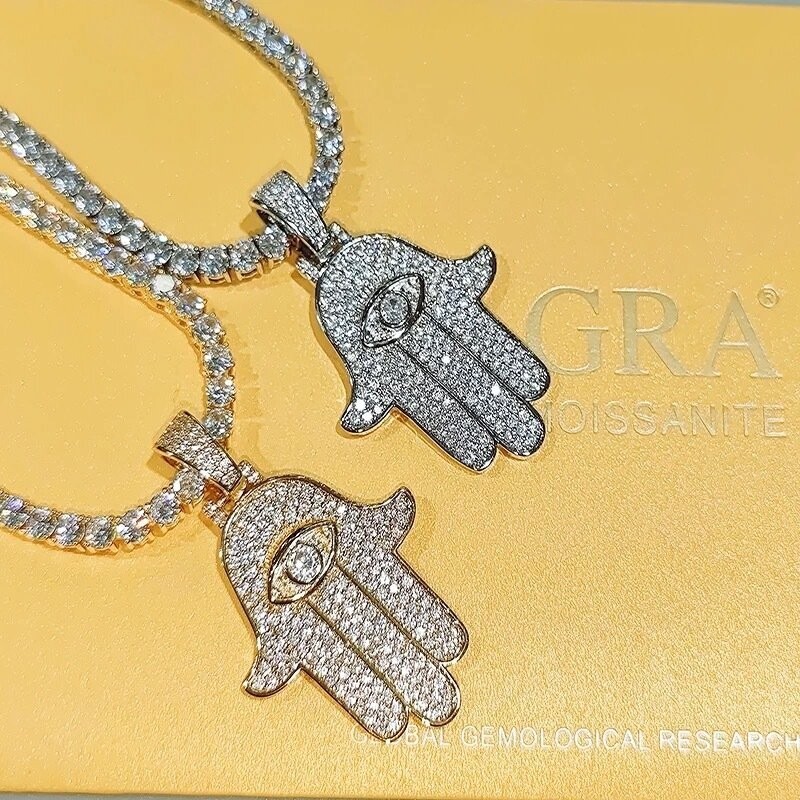 Micro pavé prong setting Vvs simulated "Hamsa hand" pendant(and chain)
